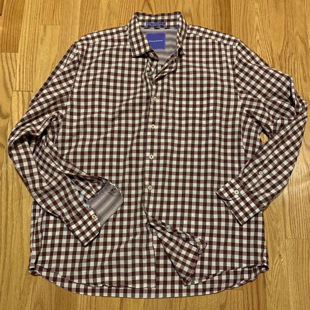TOMMY BAHAMA Maroon White Plaid Check Cotton Button Up Shirt Men’s Size XL